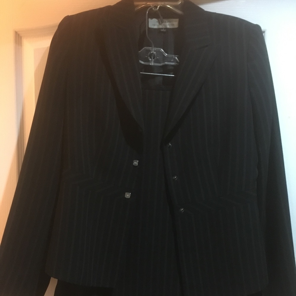 Tahari Black Pinstriped Skirt Suit